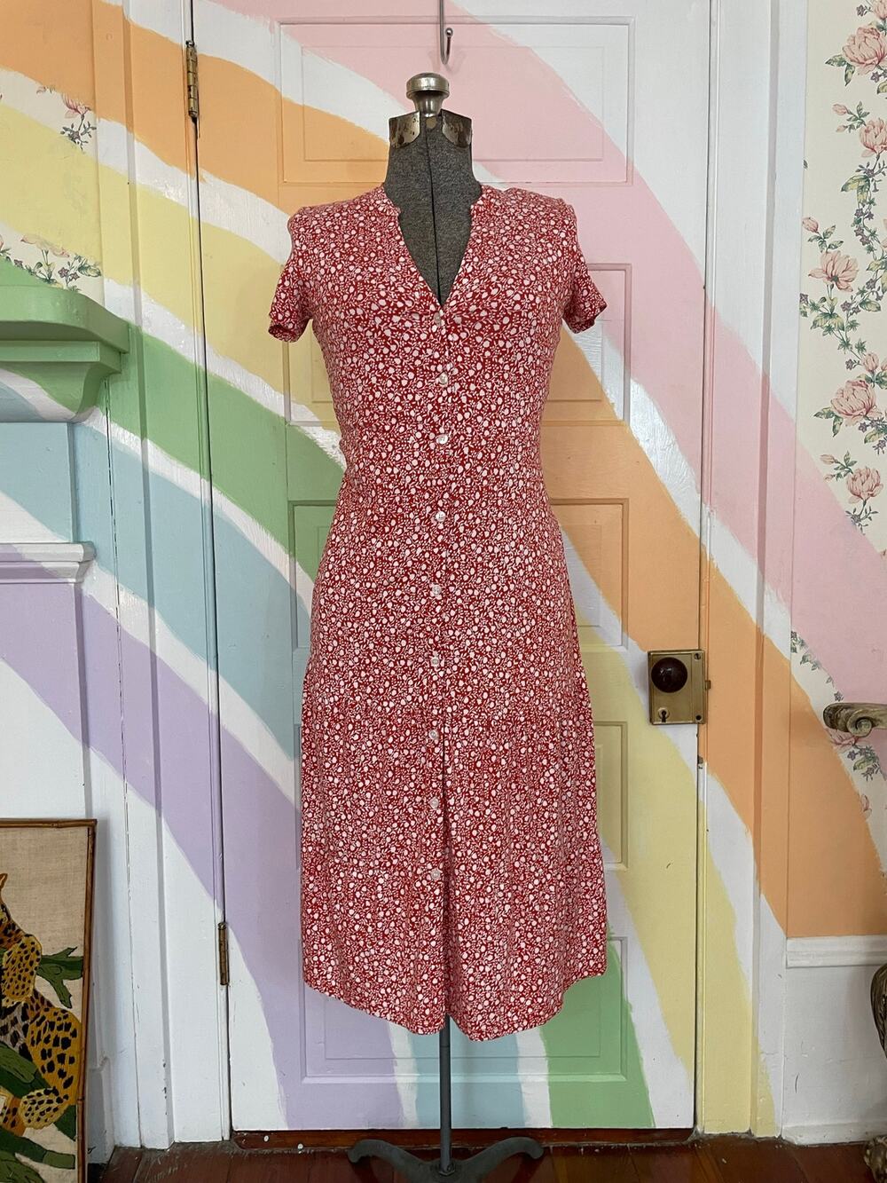 Hobbs London Floral Shirt Dress US 2 Red White Button Front Midi UK 6